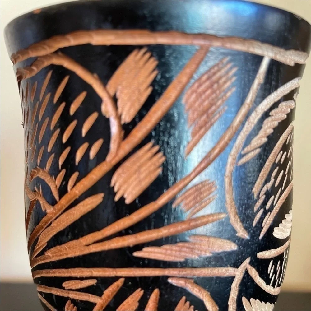Wooden Black Goblets with Traditional Images Ornament, Handmade in Haiti